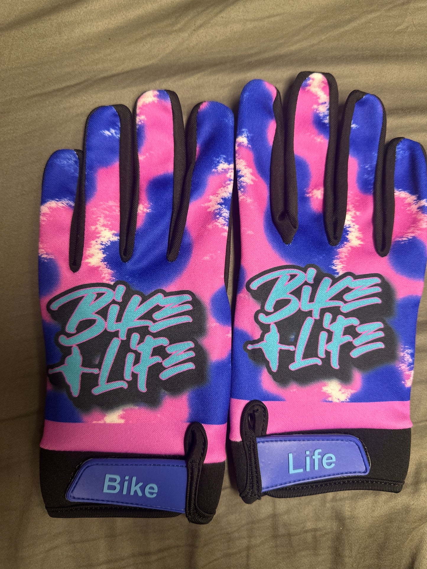 Pink and blue tye die gloves